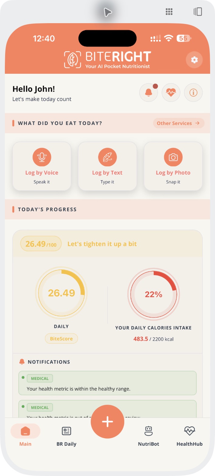 BiteRight on iPhone showing photo, voice and text logging and daily progress in an approved demo account