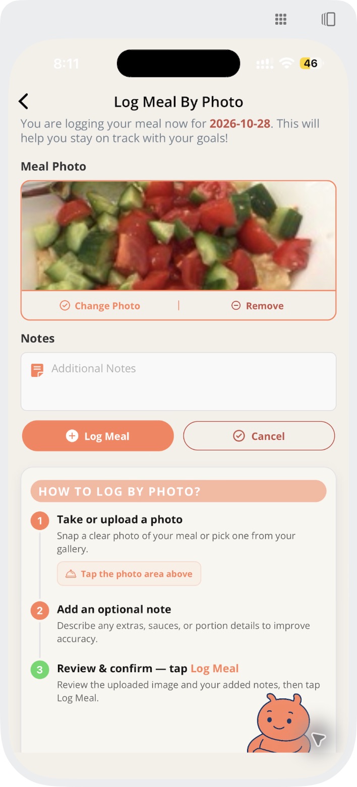 Actual BiteRight iPhone photo-entry screen with a selected cucumber, tomato and hummus meal photo