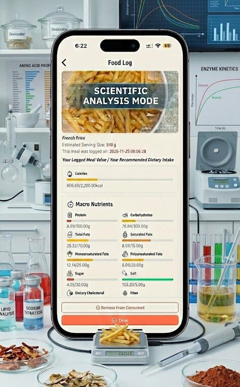 Smartphone screen showing nutrition app with detailed macro breakdown chart and colorful percentage rings surrounded by fresh berries