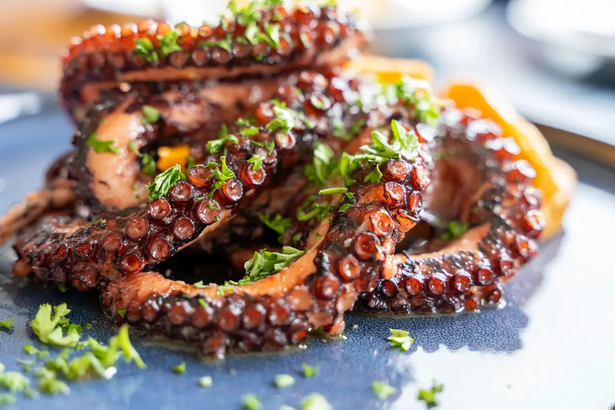 Grilled octopus tentacles with chopped parsley and orange slices on a blue plate